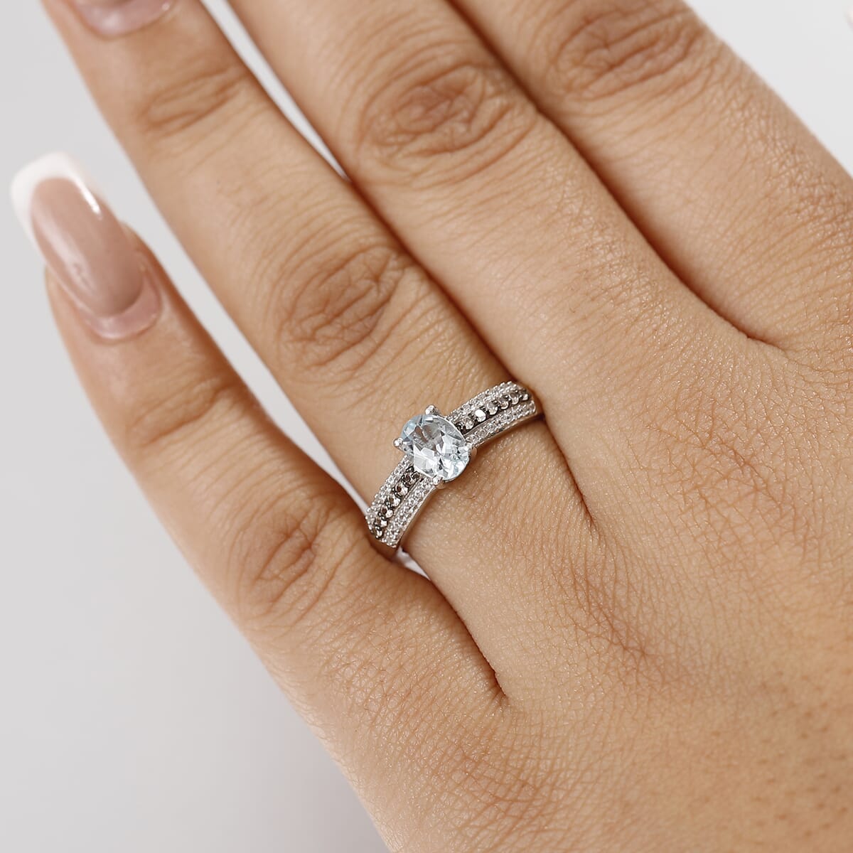 Aquamarine ,  White Zircon ,  Coffee Zircon  Main Stone With Side Stone Ring in Rhodium OverlaySterling Silver 1.09 ctw image number 2