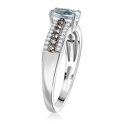 D'Joy Premium Mangoro Aquamarine, White and Coffee Zircon 1.00 ctw Ring in Rhodium Over Sterling Silver (Size 7.0)