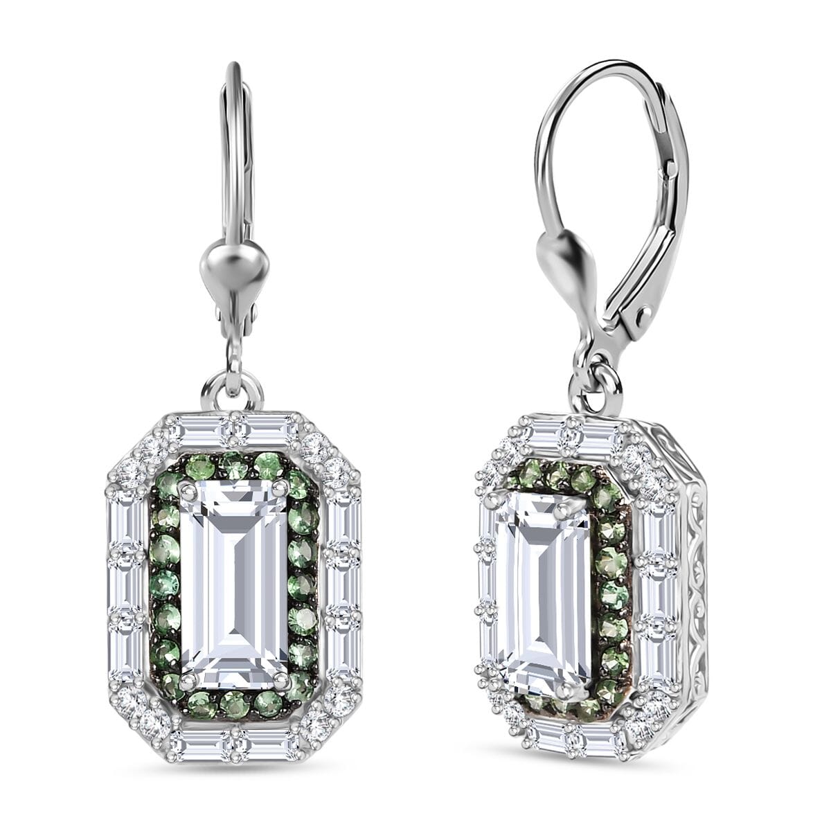 D'Joy Moissanite and Tsavorite Garnet 5.80 ctw Lever Back Earrings in Rhodium Over Sterling Silver image number 0