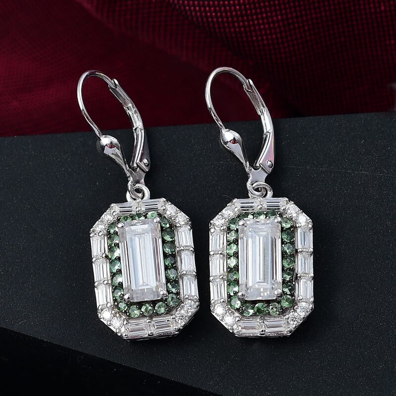 D'Joy Moissanite and Tsavorite Garnet 5.80 ctw Art Deco Lever Back Earrings in Rhodium Over Sterling Silver