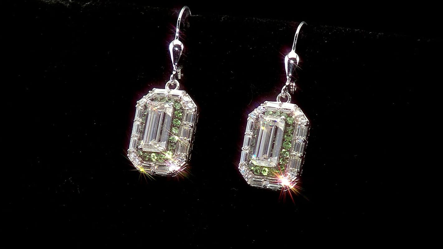 D'Joy Moissanite (Oct 10x5mm), Tsavorite Garnet Art Deco Lever Back Earrings in Rhodium Over Sterling Silver 5.80 ctw