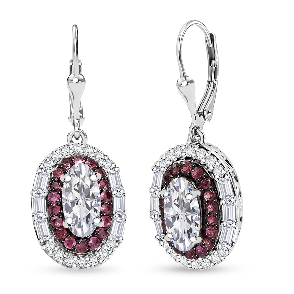 D'Joy Moissanite and Ouro Fino Rubellite 4.60 ctw Art Deco Earrings in Rhodium Over Sterling Silver image number 0
