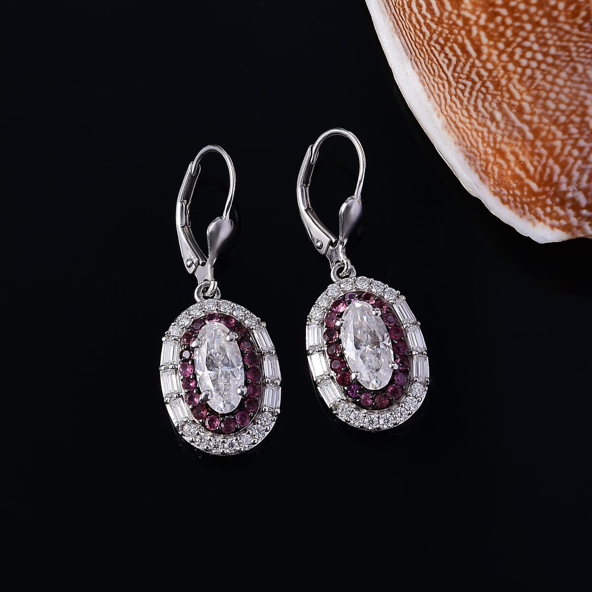 D'Joy Moissanite and Ouro Fino Rubellite 4.60 ctw Art Deco Earrings in Rhodium Over Sterling Silver image number 1