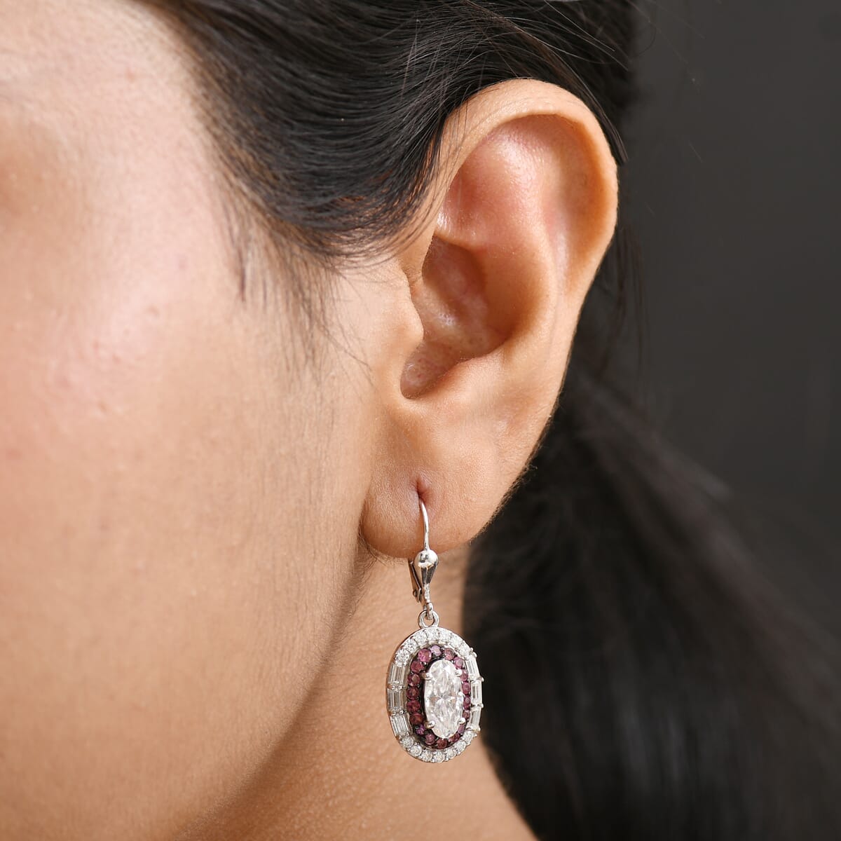 D'Joy Moissanite and Ouro Fino Rubellite 4.60 ctw Art Deco Earrings in Rhodium Over Sterling Silver image number 2