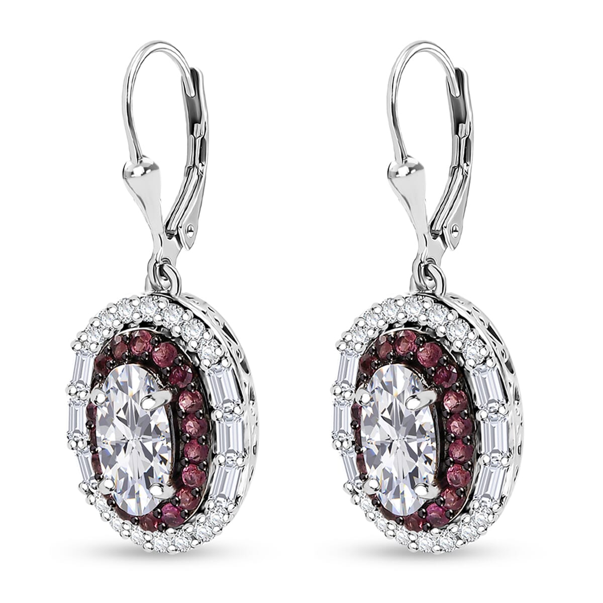 D'Joy Moissanite and Ouro Fino Rubellite 4.60 ctw Art Deco Earrings in Rhodium Over Sterling Silver image number 3