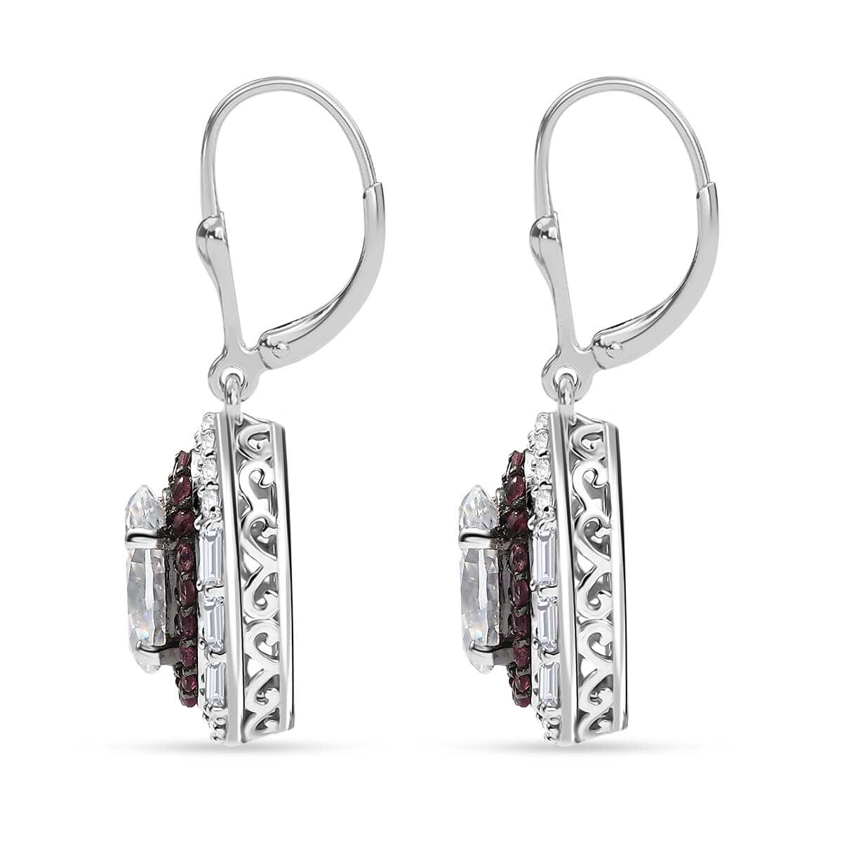 D'Joy Moissanite and Ouro Fino Rubellite 4.60 ctw Art Deco Earrings in Rhodium Over Sterling Silver image number 4