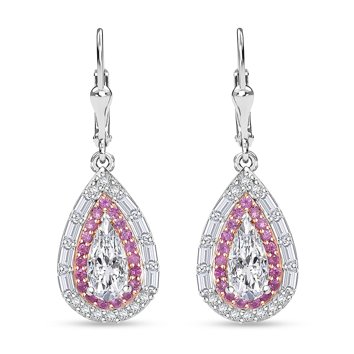 D'Joy Moissanite and Madagascar Pink Sapphire 4.15 ctw Art Deco Lever Back Earrings in 14K RG and Rhodium Over Sterling Silver image number 0