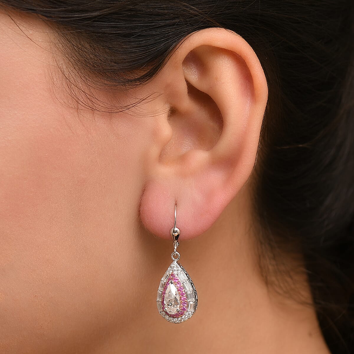 D'Joy Moissanite and Madagascar Pink Sapphire 4.15 ctw Art Deco Lever Back Earrings in 14K RG and Rhodium Over Sterling Silver image number 2