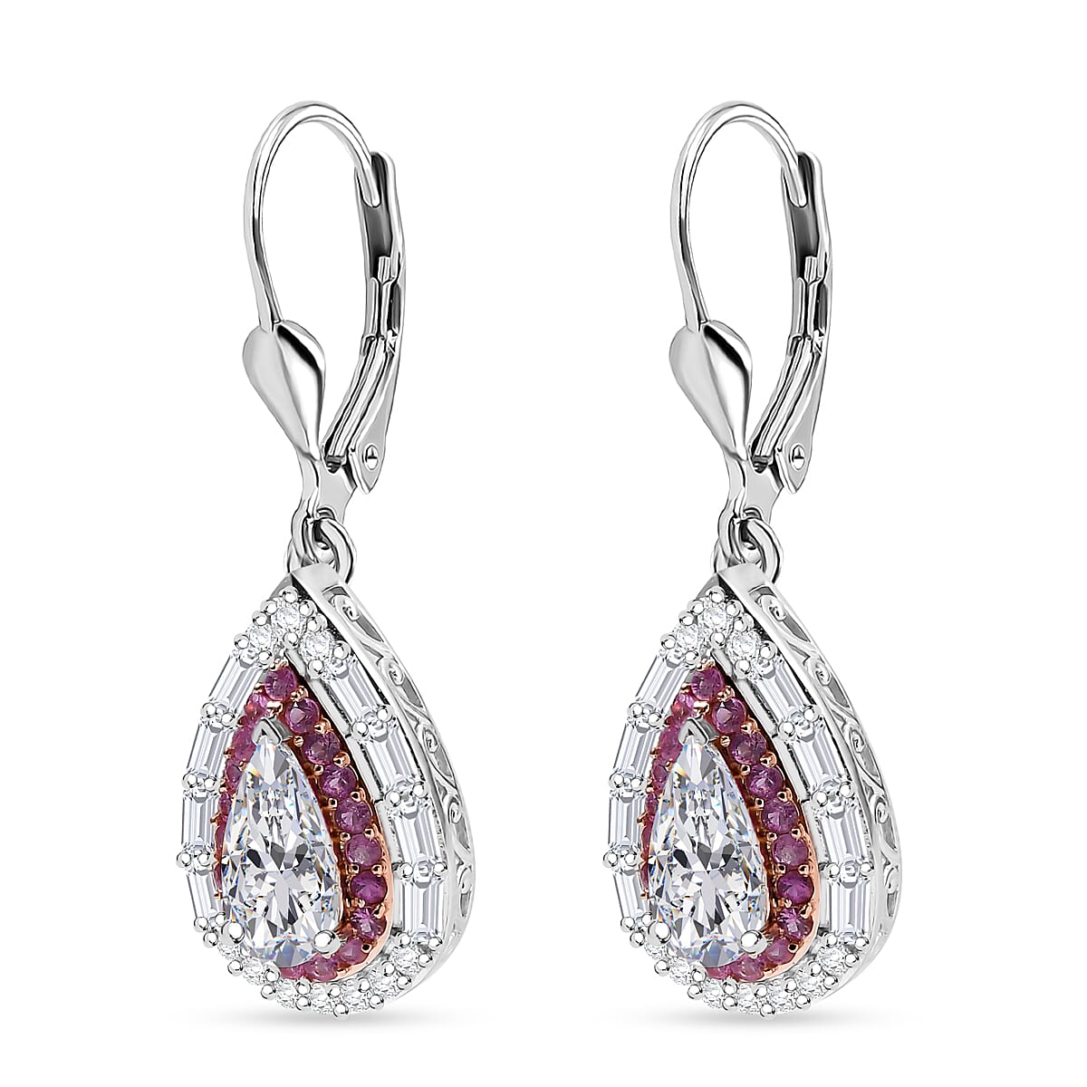 D'Joy Moissanite and Madagascar Pink Sapphire 4.15 ctw Art Deco Lever Back Earrings in 14K RG and Rhodium Over Sterling Silver image number 3