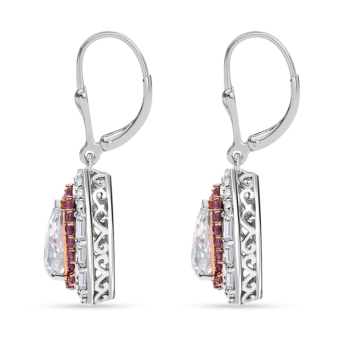 D'Joy Moissanite and Madagascar Pink Sapphire 4.15 ctw Art Deco Lever Back Earrings in 14K RG and Rhodium Over Sterling Silver image number 4