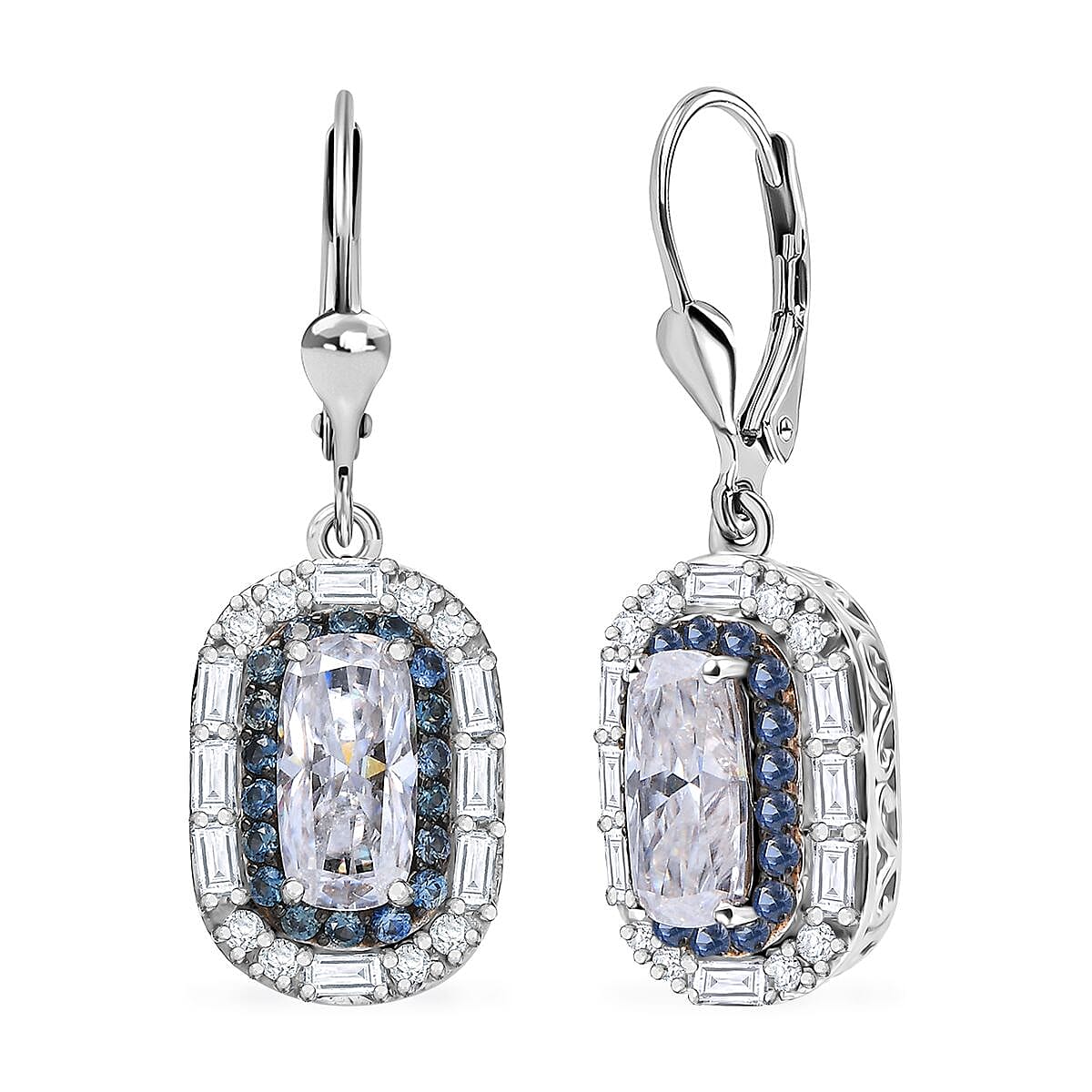 D'Joy Moissanite and Ceylon Blue Sapphire 7.30 ctw Art Deco Lever Back Earrings in Rhodium Over Sterling Silver image number 0