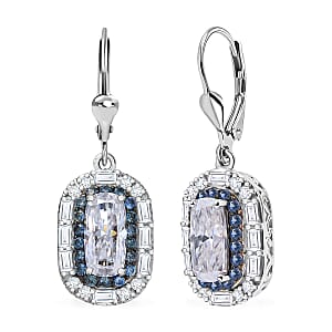D'Joy Moissanite and Ceylon Blue Sapphire 7.30 ctw Art Deco Lever Back Earrings in Rhodium Over Sterling Silver