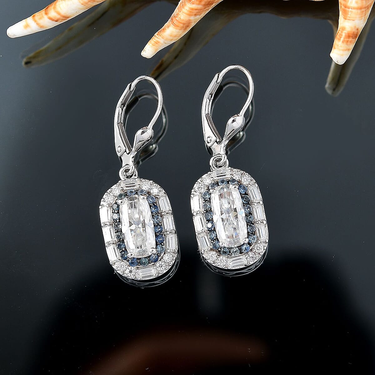 D'Joy Moissanite and Ceylon Blue Sapphire 7.30 ctw Art Deco Lever Back Earrings in Rhodium Over Sterling Silver image number 1
