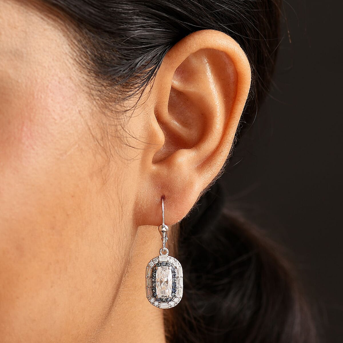 D'Joy Moissanite and Ceylon Blue Sapphire 7.30 ctw Art Deco Lever Back Earrings in Rhodium Over Sterling Silver image number 2