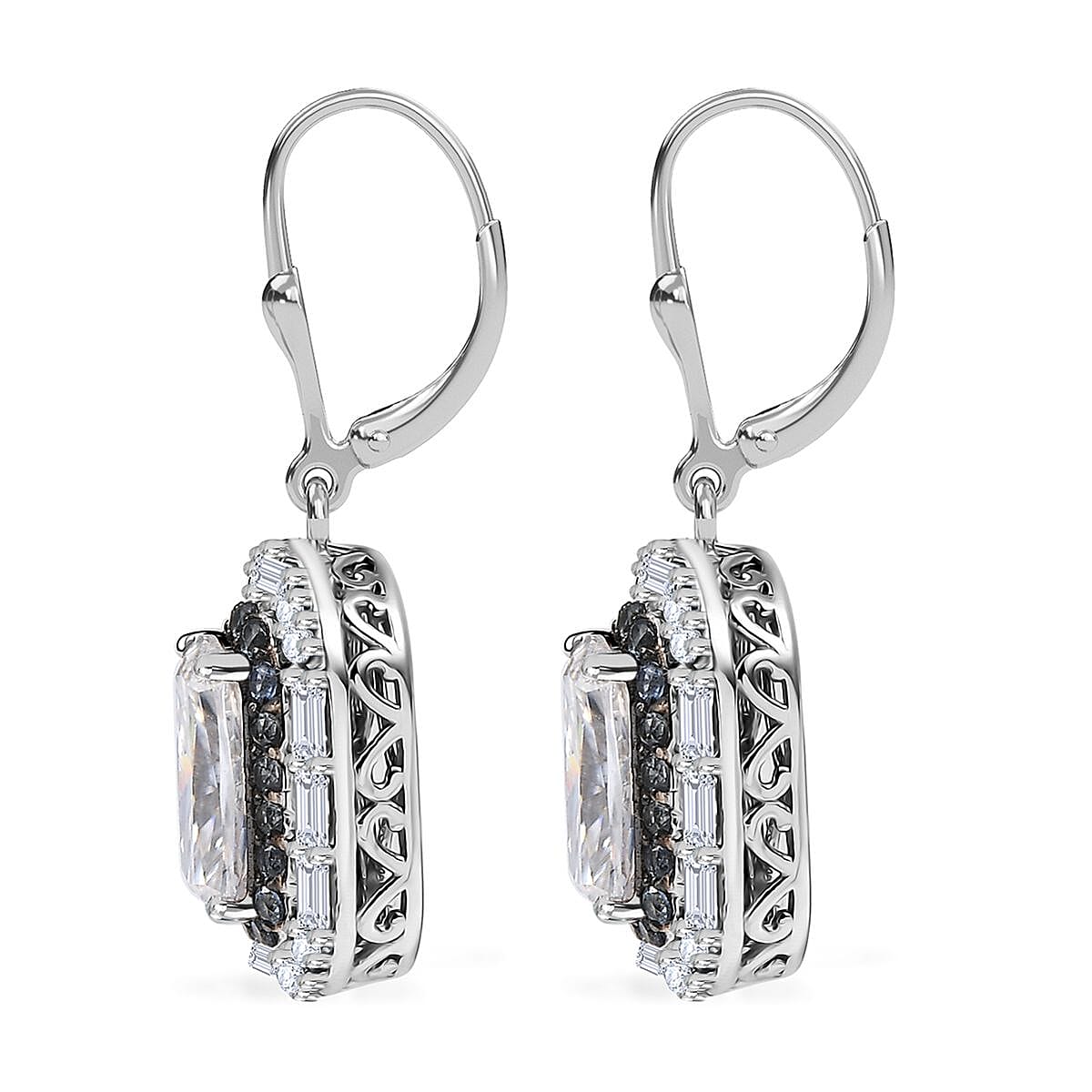 D'Joy Moissanite and Ceylon Blue Sapphire 7.30 ctw Art Deco Lever Back Earrings in Rhodium Over Sterling Silver image number 3