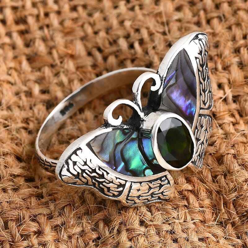 Bali Legacy Chrome Diopside and Abalone Shell 1.25 ctw Butterfly Ring in Sterling Silver (Size 10.0)