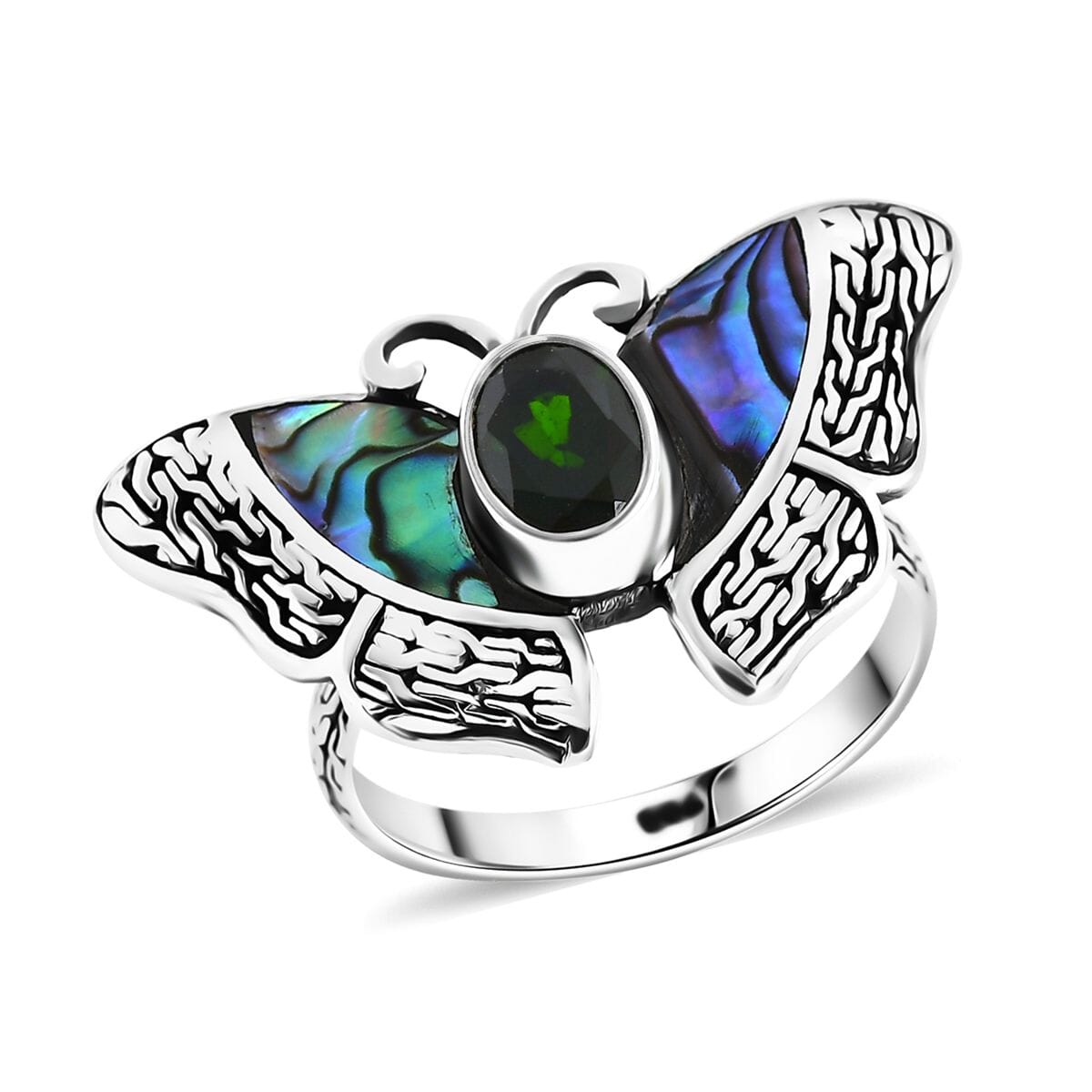 Bali Legacy Chrome Diopside and Abalone Shell 1.25 ctw Butterfly Ring in Sterling Silver (Size 7.0) image number 0