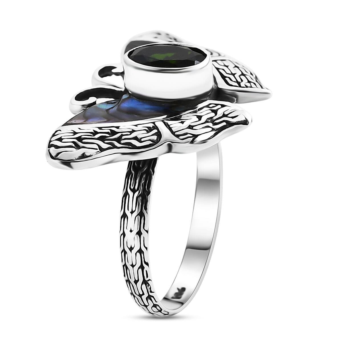 Bali Legacy Chrome Diopside and Abalone Shell 1.25 ctw Butterfly Ring in Sterling Silver (Size 7.0) image number 3