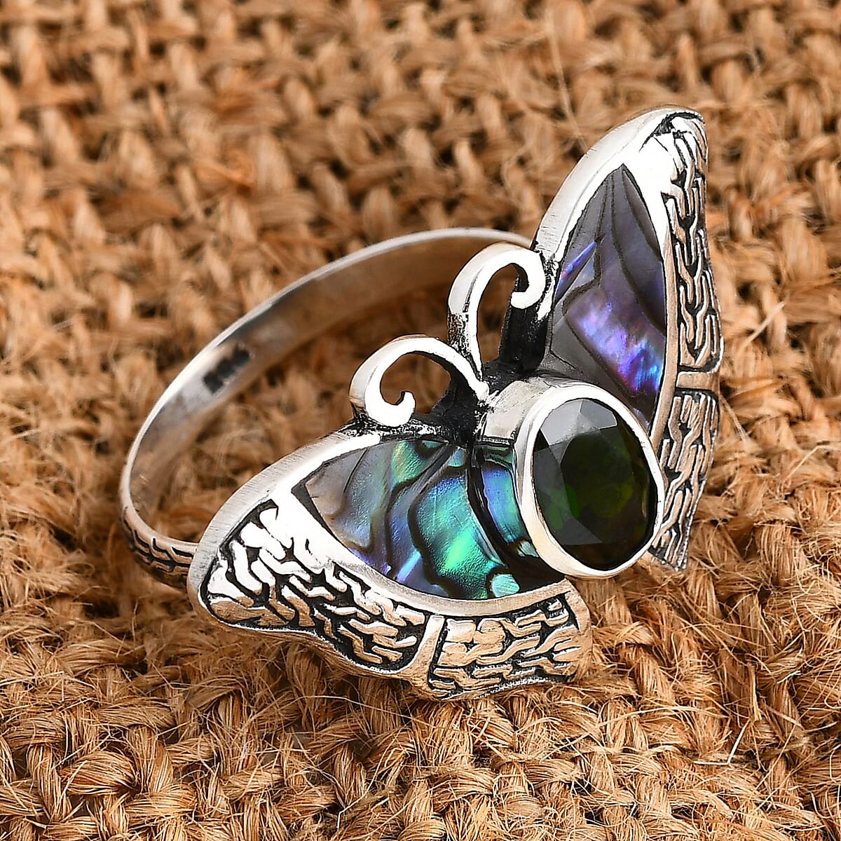 Bali Legacy Chrome Diopside and Abalone Shell 1.25 ctw Butterfly Ring in Sterling Silver (Size 9.0) image number 1