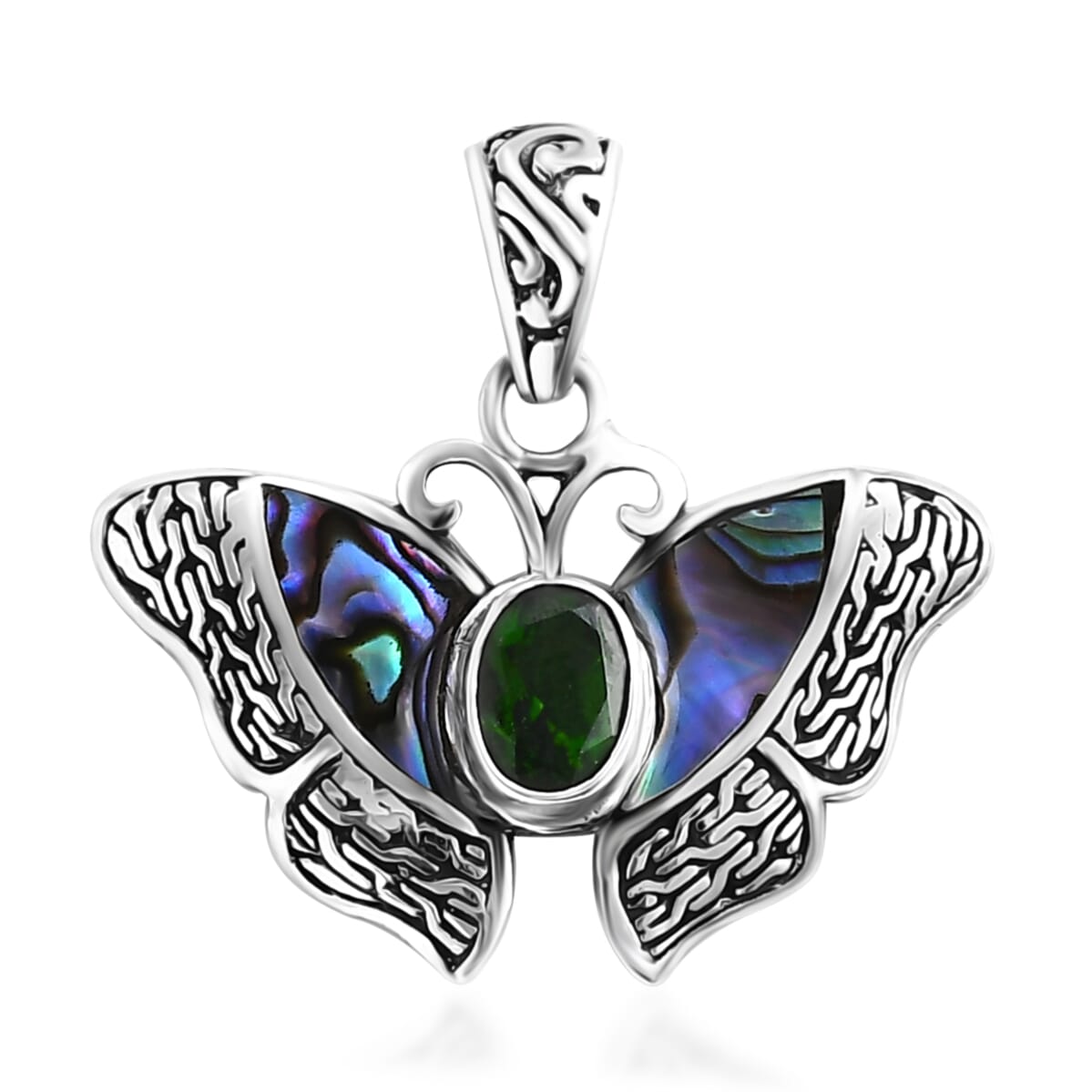 Bali Legacy Chrome Diopside and Abalone Shell 1.25 ctw Butterfly Pendant without Chain in Sterling Silver image number 0