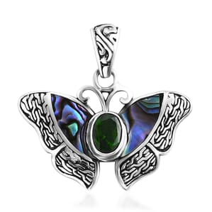 Bali Legacy Chrome Diopside and Abalone Shell 1.25 ctw Butterfly Pendant without Chain in Sterling Silver
