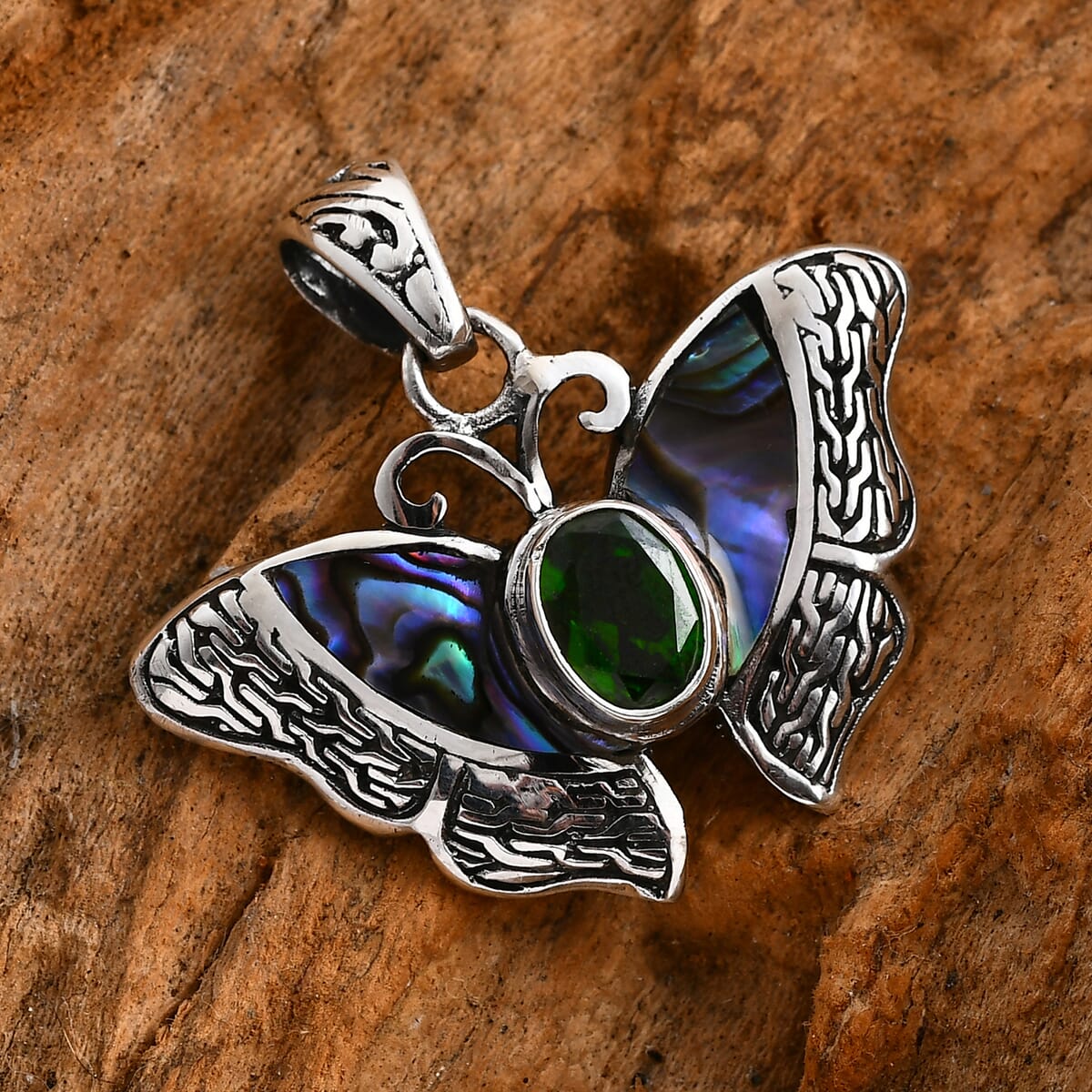 Bali Legacy Chrome Diopside and Abalone Shell 1.25 ctw Butterfly Pendant without Chain in Sterling Silver image number 1