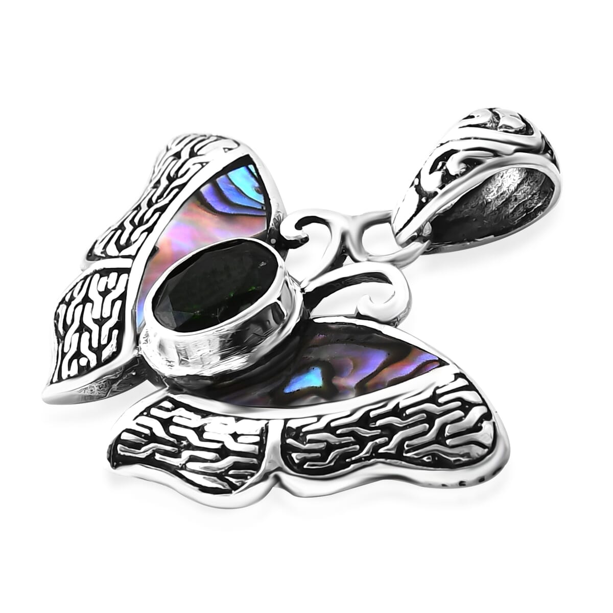 Bali Legacy Chrome Diopside and Abalone Shell 1.25 ctw Butterfly Pendant without Chain in Sterling Silver image number 3