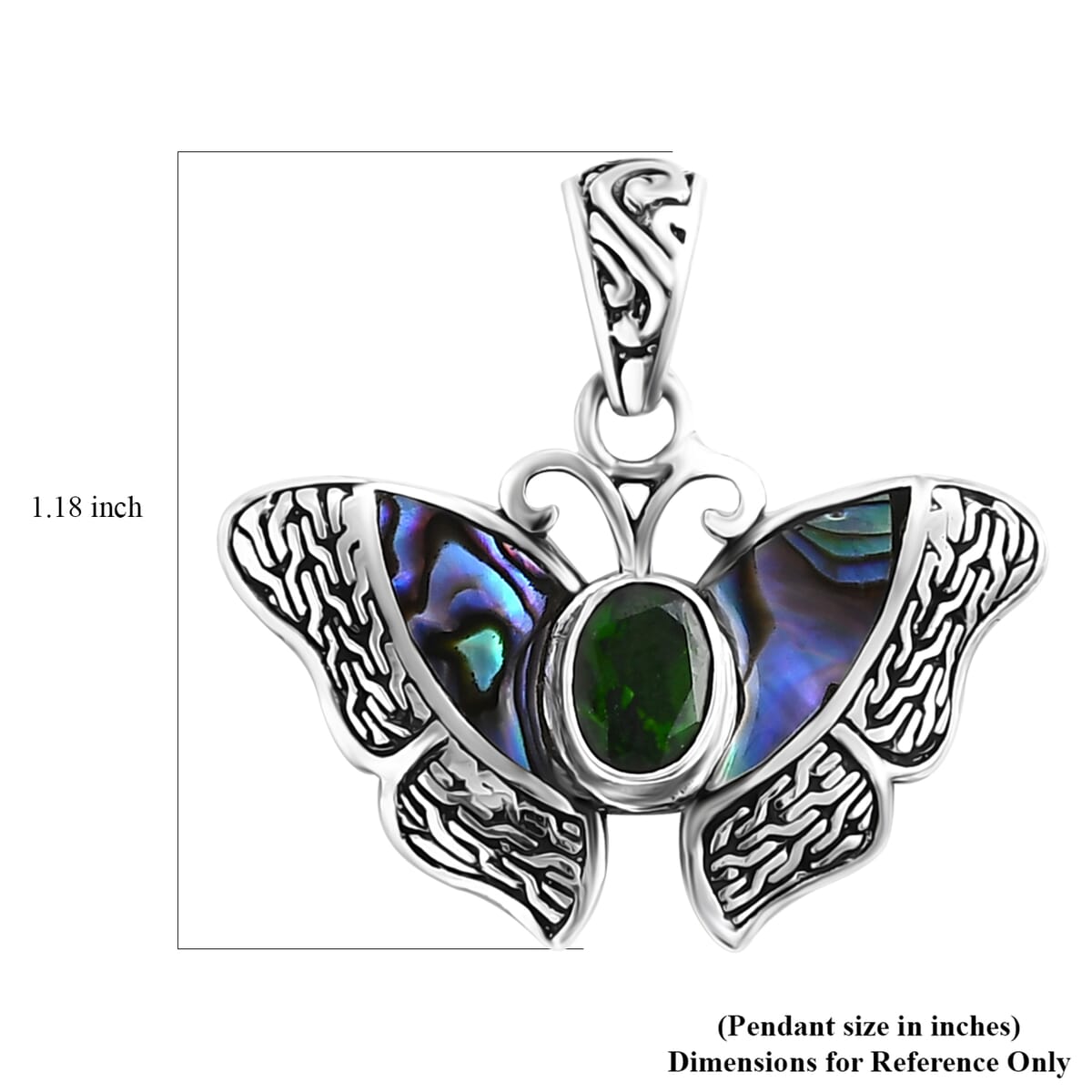 Bali Legacy Chrome Diopside and Abalone Shell 1.25 ctw Butterfly Pendant without Chain in Sterling Silver image number 5