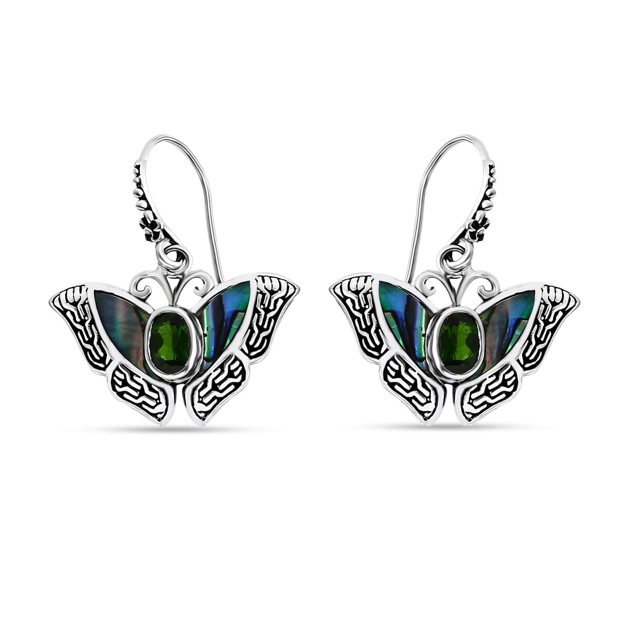 Bali Legacy Chrome Diopside 1.00 ctw and Abalone Shell Butterfly Earrings in Sterling Silver image number 0