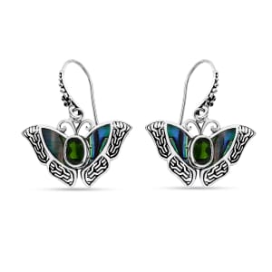 Bali Legacy Chrome Diopside 1.00 ctw and Abalone Shell Butterfly Earrings in Sterling Silver