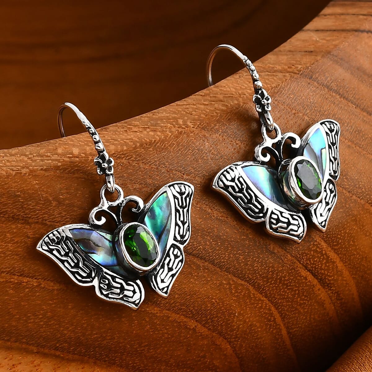 Bali Legacy Chrome Diopside 1.00 ctw and Abalone Shell Butterfly Earrings in Sterling Silver image number 1