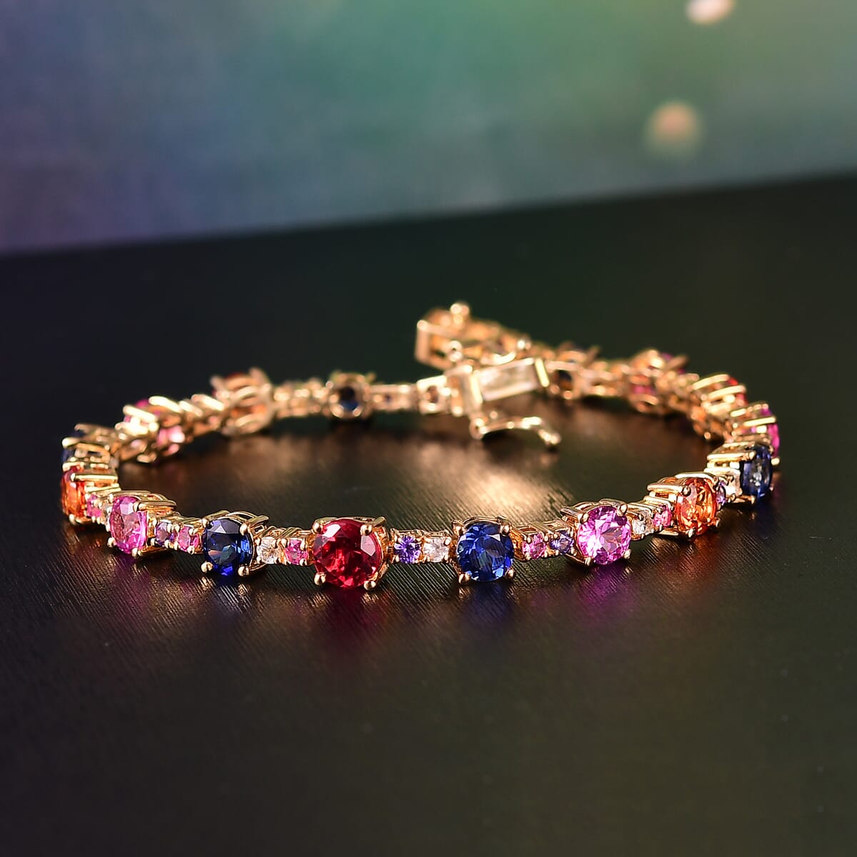 Karis Lab Created Multi Sapphire 13.20 ctw Rainbow Hues Bracelet in 18K YG Plated (7.25 In) image number 1
