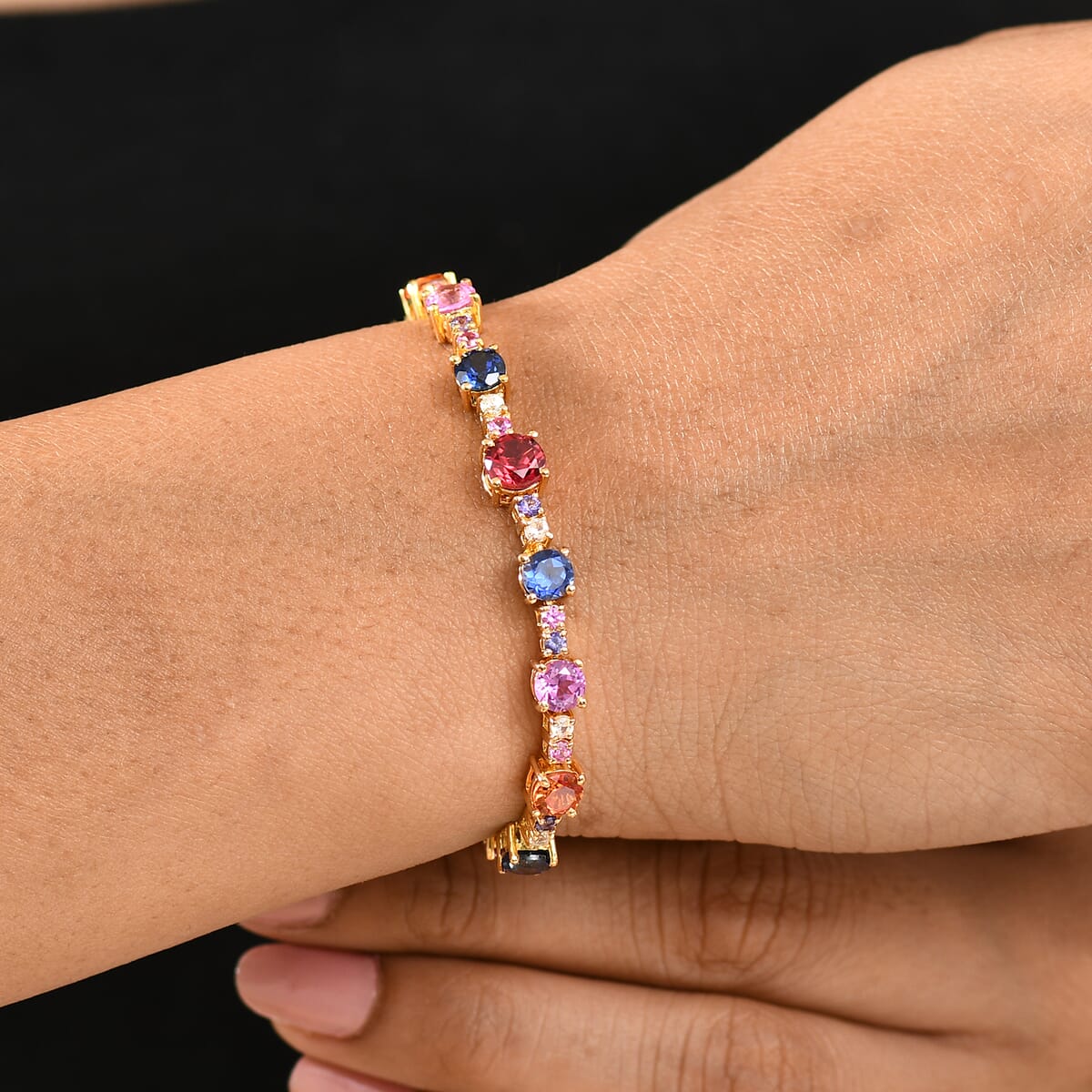 Karis Lab Created Multi Sapphire 13.20 ctw Rainbow Hues Bracelet in 18K YG Plated (7.25 In) image number 2