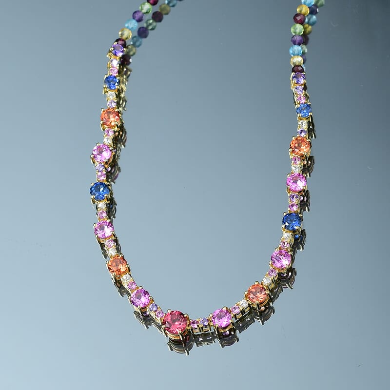 Karis Lab Created Multi Sapphire 29.20 ctw Rainbow Hues Necklace in 18K YG Plated 18 Inches
