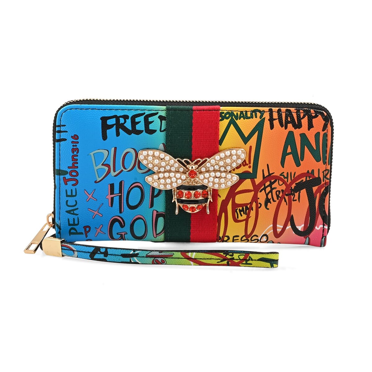 Closeout Chunma Multi Color Graffiti Design Vegan Leather Zipper Wristlet Wallet image number 0