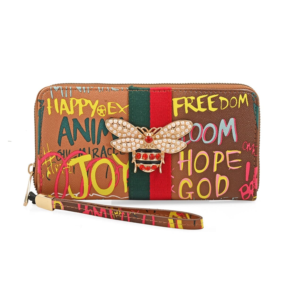 Closeout Chunma Tan & Multi Color Graffiti Design Vegan Leather Zipper Wristlet Wallet (8x4x1) image number 0