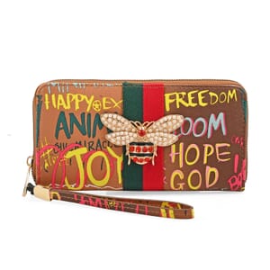 Closeout Chunma Tan & Multi Color Graffiti Design Vegan Leather Zipper Wristlet Wallet (8x4x1)