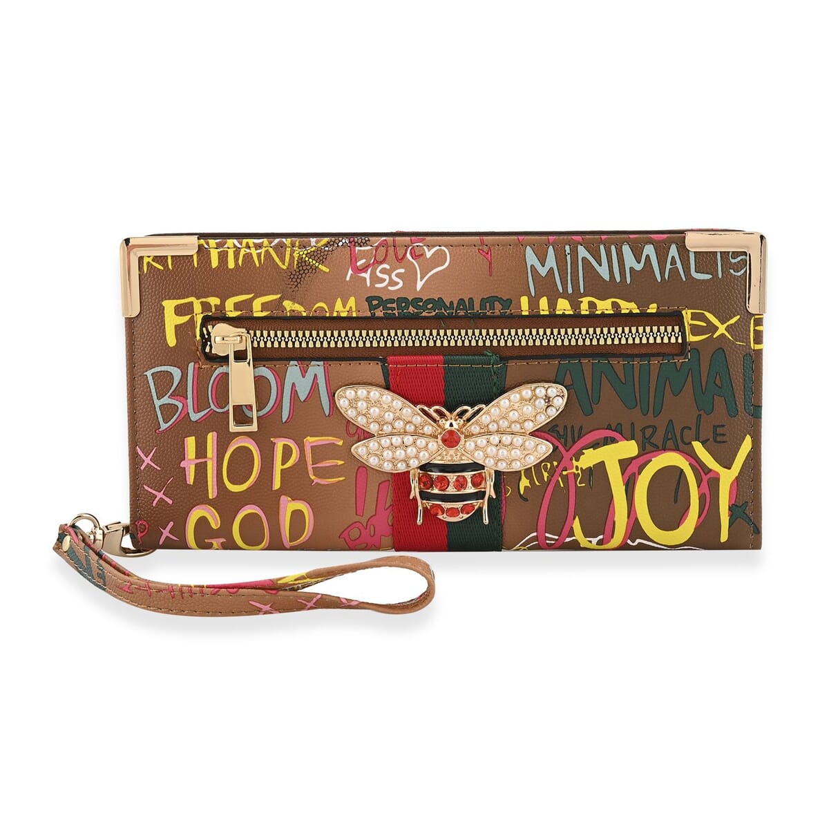 Closeout Chunma Tan & Multi Color Graffiti Design Vegan Leather Zipper Wristlet Wallet image number 0