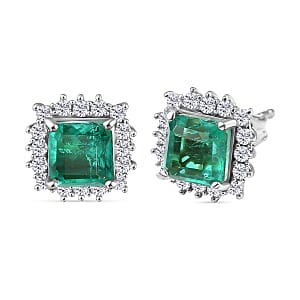 Emeraldine Quartz (Triplet) and White Zircon 3.00 ctw Earrings in Rhodium Over Sterling Silver