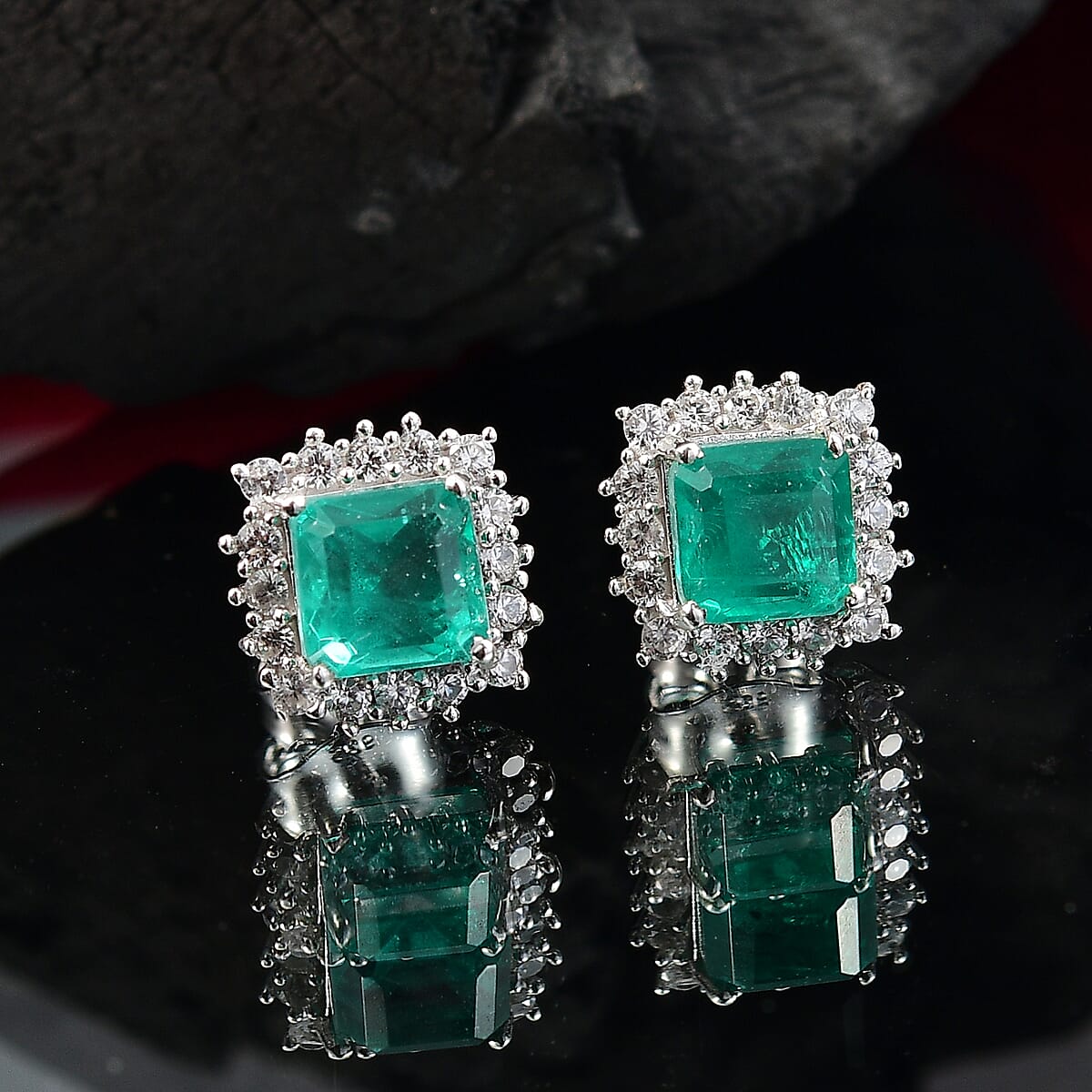 Emeraldine Quartz (Triplet) and White Zircon 3.00 ctw Earrings in Rhodium Over Sterling Silver image number 1