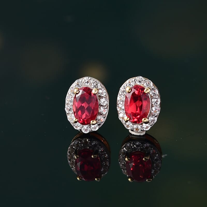 D'Joy Lab Created Padparadscha and White Sapphire 1.65 ctw Celestial Halo Earrings in 18K Vermeil Yellow Gold Over Sterling Silver
