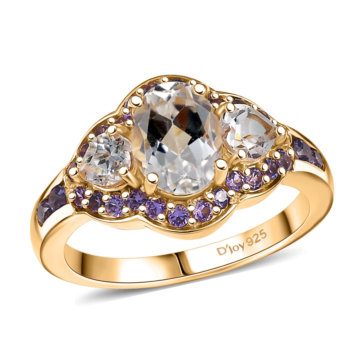 D'Joy Lab Created White and Purple Sapphire 3.00 ctw Trilogy Ring in 18K Vermeil Yellow Gold Over Sterling Silver (Size 10.0) image number 0