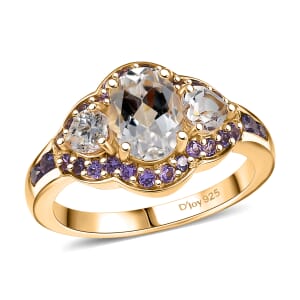 D'Joy Lab Created White and Purple Sapphire 3.00 ctw Trilogy Ring in 18K Vermeil Yellow Gold Over Sterling Silver (Size 10.0)