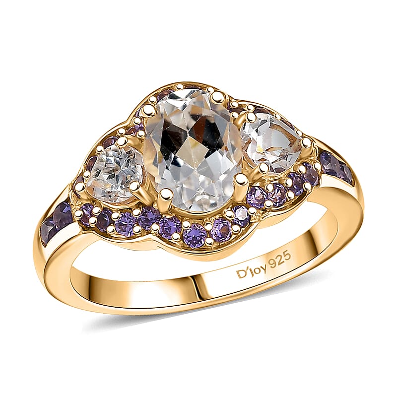 D'Joy Lab Created White and Purple Sapphire 3.00 ctw Trilogy Ring in 18K Vermeil Yellow Gold Over Sterling Silver (Size 10.0)