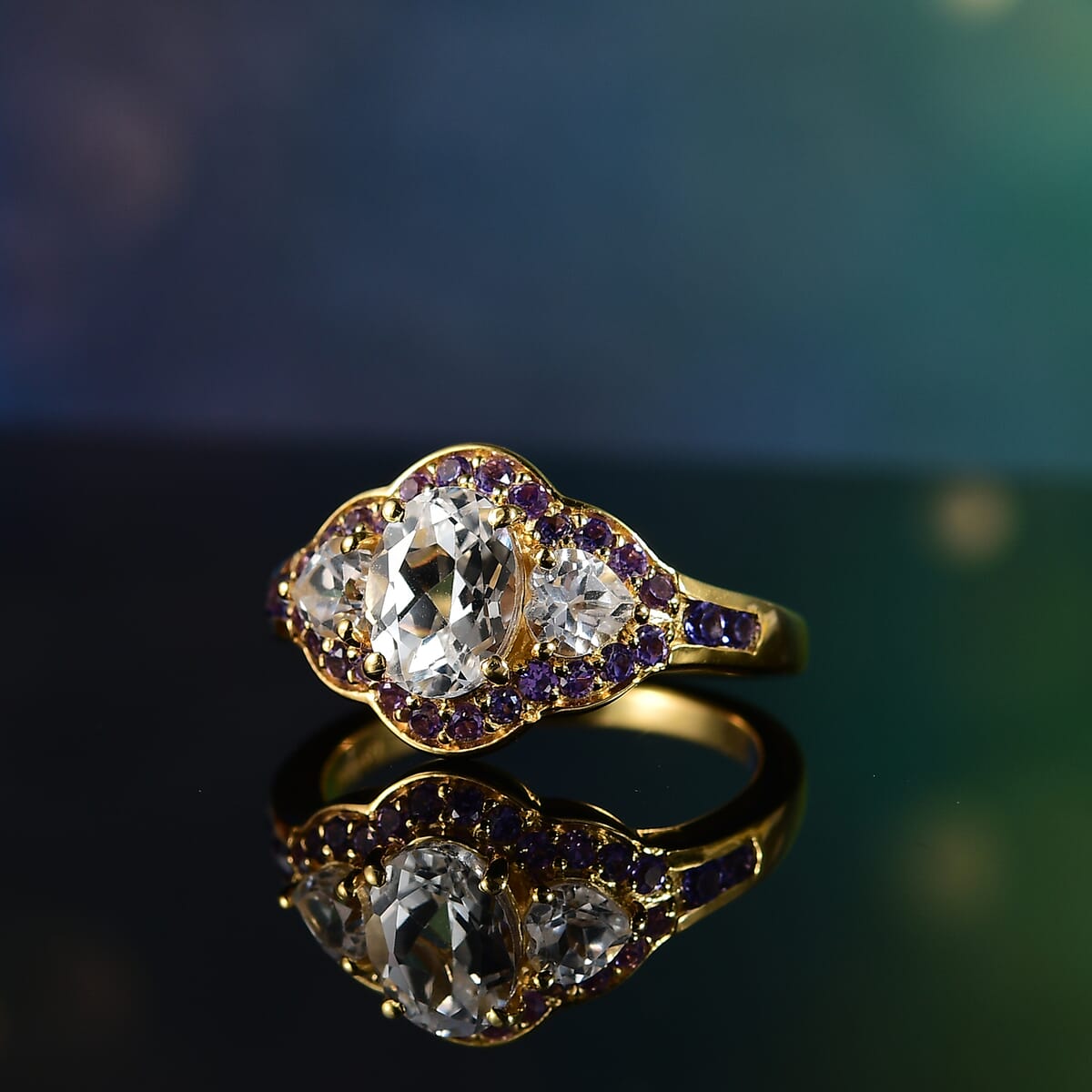D'Joy Lab Created White and Purple Sapphire 3.00 ctw Trilogy Ring in 18K Vermeil Yellow Gold Over Sterling Silver (Size 10.0) image number 1