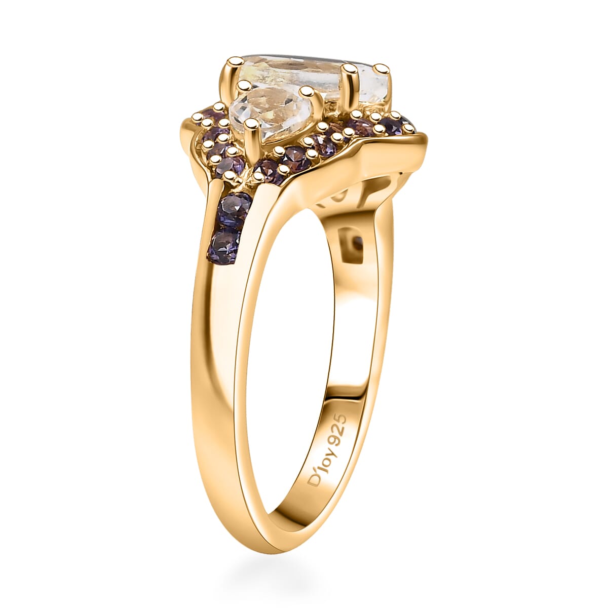 D'Joy Lab Created White and Purple Sapphire 3.00 ctw Trilogy Ring in 18K Vermeil Yellow Gold Over Sterling Silver (Size 10.0) image number 3