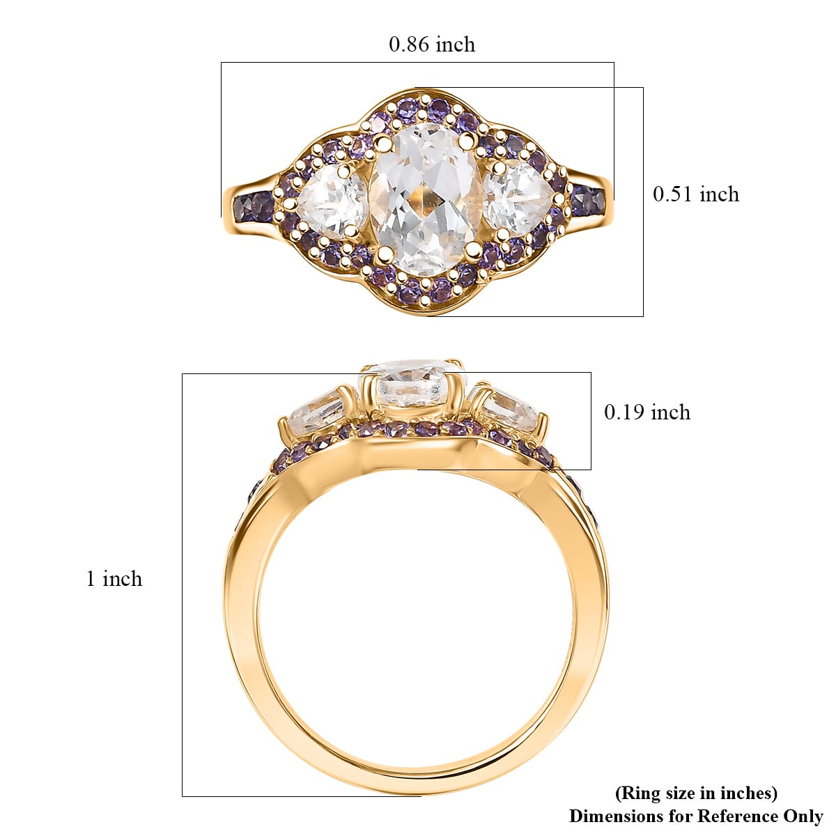 D'Joy Lab Created White and Purple Sapphire 3.00 ctw Trilogy Ring in 18K Vermeil Yellow Gold Over Sterling Silver (Size 10.0) image number 5