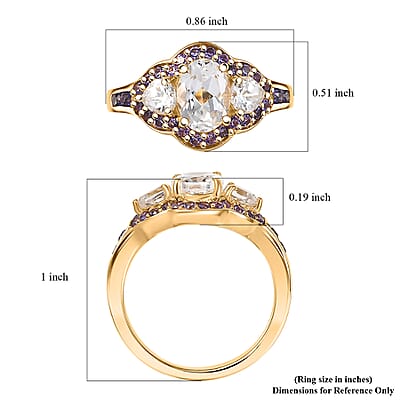 D'Joy Lab Created White and Purple Sapphire 3.00 ctw Trilogy Ring in 18K Vermeil Yellow Gold Over Sterling Silver (Size 10.0)