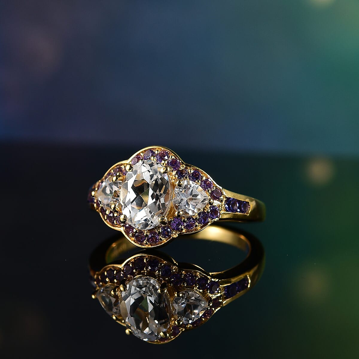 D'Joy Lab Created White and Purple Sapphire 3.00 ctw Trilogy Ring in 18K Vermeil Yellow Gold Over Sterling Silver (Size 8.0) image number 1