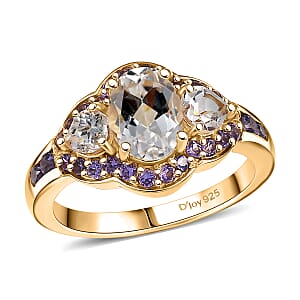 D'Joy Lab Created White and Purple Sapphire 3.00 ctw Trilogy Ring in 18K Vermeil Yellow Gold Over Sterling Silver (Size 9.0)